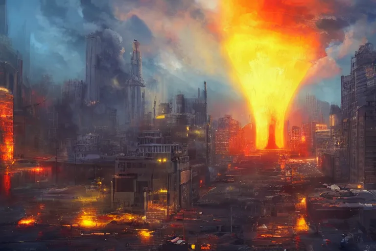 Prompt: a nuclear explosion in a city, artstation, concept art, 4k, beautiful