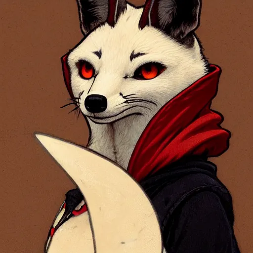 Image similar to anthropomorphic red white and black fox with exquisite tall ears and wearing a nose ring and a hoodie. Renowned character illustration by greg rutkowski, thomas kindkade, alphonse mucha, loish, norman rockwell.