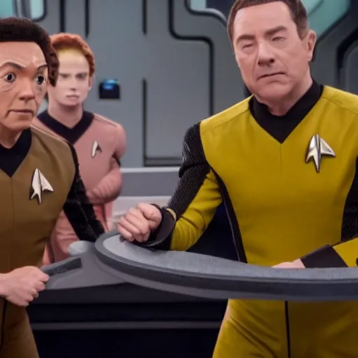 Image similar to isaac from the orville and data from star trek arm wrestling on the holodeck with the cast of both shows cheering on from the sidelines, 8 k, sharp focus, cinematic lighting, highly detailed, perfect anatomy,