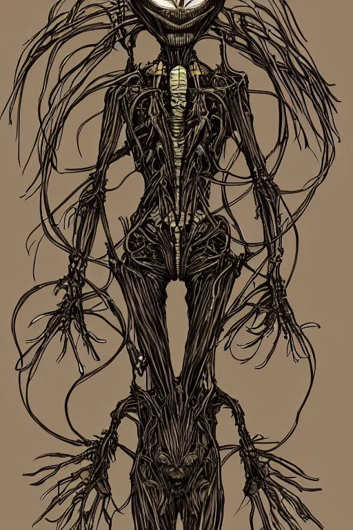Image similar to alien scarecrow, symmetrical, highly detailed, digital art, sharp focus, trending on art station, anime art style