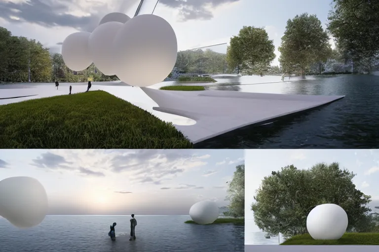 Prompt: many white egg shaped spherical spaces are combined to form a building. on the calm lake, people's perspective, future, interior wood, marble, award winning, highly detailed 4 k art, dusk, unreal engine highly rendered, global illumination, radial light, internal environment by kazuyo sejima and pierre cardin
