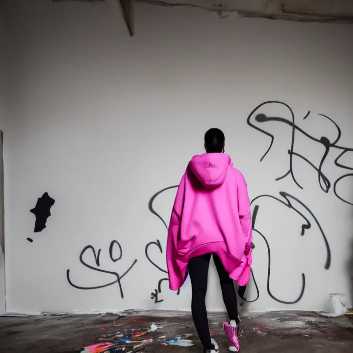 Prompt: kim kardashian doing graffiti mural in a derelict room, dust mist, rear-shot, pov from behind, very skin tight white leggings with a pink hoody with hood up, mold, intricate, epic lighting, cinematic composition, hyper realistic, 8k resolution, unreal engine 5