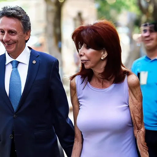 Image similar to Cristina Kirchner holding hands with Mauricio Macri, bokeh, 100mm