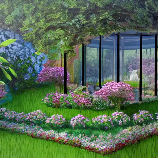 Prompt: a glass house, in the center of a spanish garden, sunrise, blooming flowers, swimming pool, highly detailed, digital painting, artstation, in a luminist, 4 k