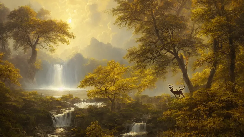 Prompt: the most beautiful panoramic landscape, oil painting, where a giant dreamy waterfall creates a river, the trees around are starting to bloom in yellow colors, a majestic deer is in close - up is under a giant tree and it is exhaling steam, the ray lights of the sunrise are brightening him, by greg rutkowski