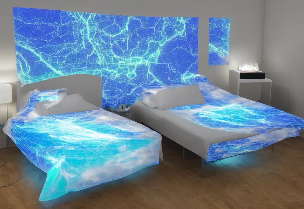 Image similar to curved translucent bedsheets projecting detailed holographic florida storm weathermap, pixel perfect photograph, high contrast, volumetric lighting, thin glowing lights, bedroom, visor, users, pair of keycards on table