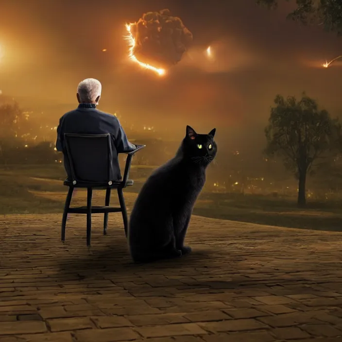 Image similar to cinematic movie, background blur bokeh, old man sitting in chair with black cat watching nuke explosion, world ending nuke, 4 k