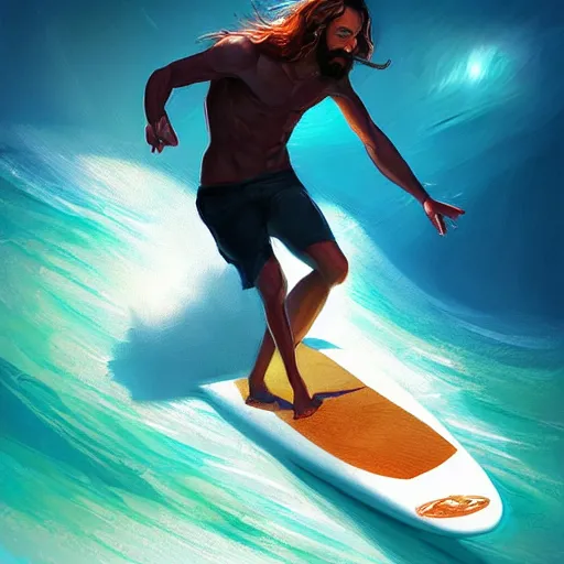 Prompt: jesus surfing the vibe wave by mandy jurgens, artstation