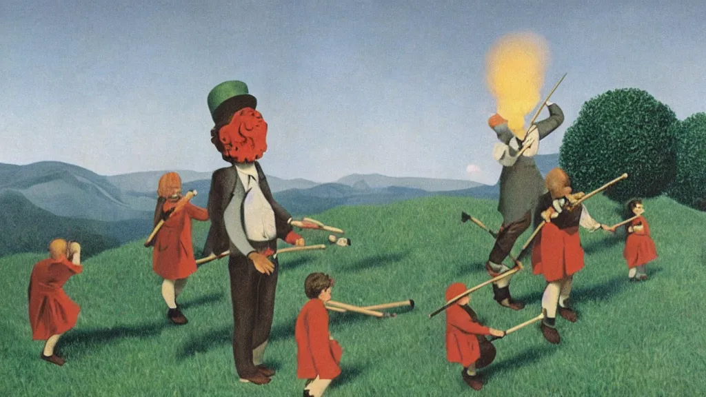 Image similar to A vintage scientific illustration from the 1970s of the Pied Piper luring hundreds of children up a hill while playing his pipe by René Magritte