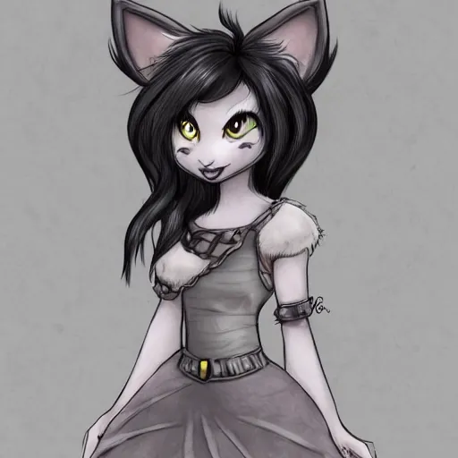 Image similar to headshot of young female furry, D&D, cute, fantasy, intricate, long hair, dark grey skin, mouse face, mouse nose, dark skin, mouse head, mouse ears, black hair, elegant, highly detailed, cartoony, artstation, concept art, smooth, sharp focus, illustration, art by Diives