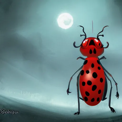 Image similar to ladybug as a monster, fantasy art style, scary atmosphere, nightmare - like dream by winkelmann