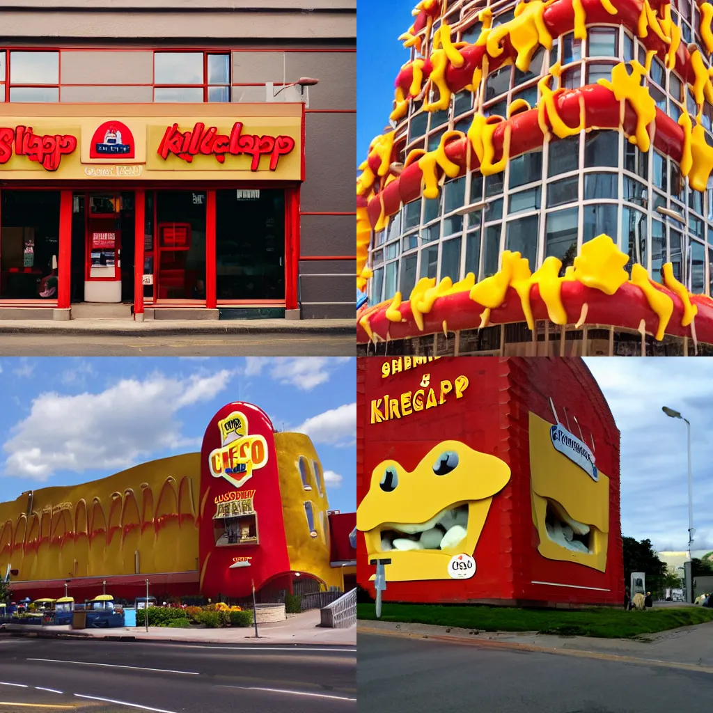 Prompt: Photo of a big building made of cheese and adorned with ketchup