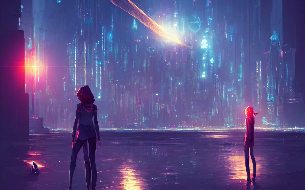 Image similar to girl staring at a meteorite hitting a floating cyberpunk city at night by wlop, low poly art, ultra detailed color art, high detail, digital art