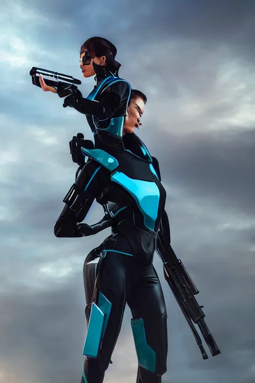 Prompt: a stunning picture of a beautiful young woman wearing futuristic deep black battle bodyarmor and legings with ombre navy blue teal hairstyle blowing in the wind shouldering a futuristic rifle by marvel comics, digital art, trending on artstation