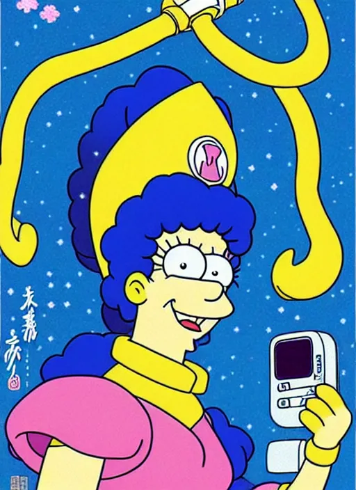 Image similar to perfectly centered realistic picture of marge simpson as a sailor moon, calls on the phone at futuristic office, highly detailed, 8 0 - s style poster, sharp focus, illustration, art by kawase hasui,