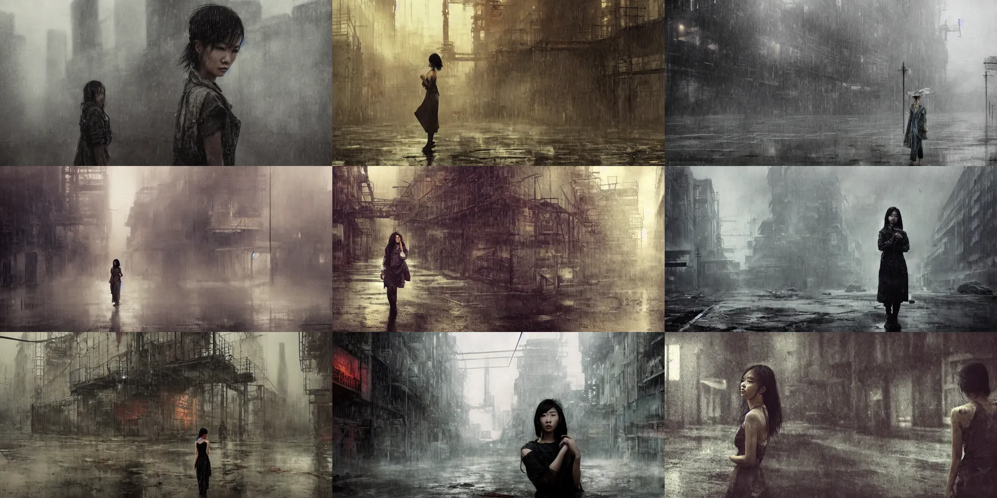 Image similar to an asian woman, beautiful face, in abandoned industrial city with towering factories, fire escapes, scaffolding, smokestacks at night in the rain dark moody lighting, innocent look, post - apocalyptic, desolate, by jeremy mann and alphonse mucha, dramatic lighting, ethereal, stunning, breathtaking, awe - inspiring award - winning, 8 k