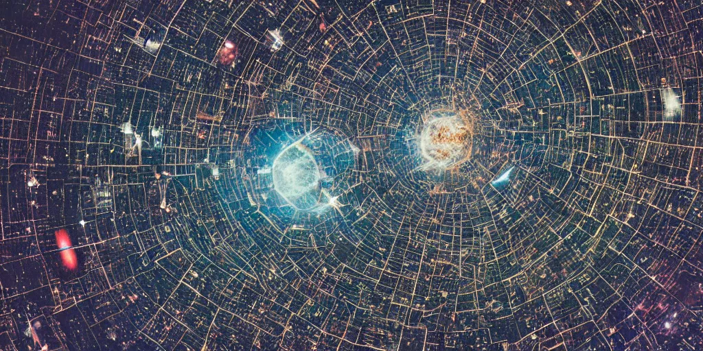 Prompt: vintage color photo of cosmic NYC broken physics skyrise vista, microscopy, lone survivor, singularity, black hole, , f22, ISO 100