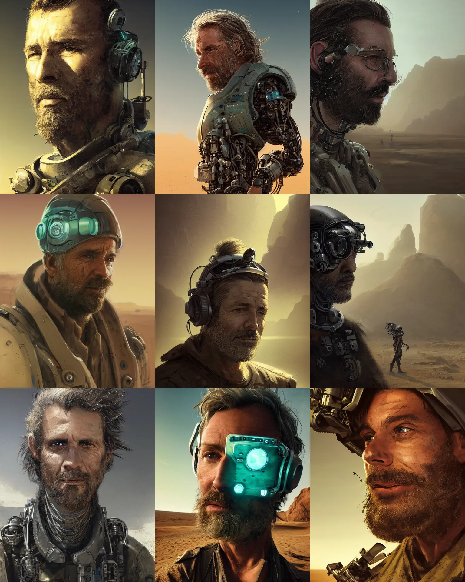 Prompt: a scruffy middle aged engineer man with cybernetic enhancements lost in the desert, funky mid length hair, scifi character portrait by greg rutkowski, esuthio, craig mullins, short beard, green eyes, 1 / 4 headshot, cinematic lighting, dystopian scifi gear, gloomy, profile picture, mechanical, half robot, implants, dieselpunk
