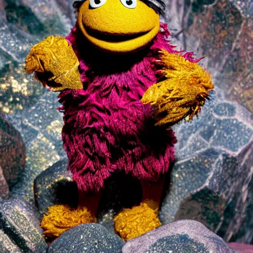 Prompt: an artificer dwarf muppet character with an obsession for gold and gems who loves to sleep on rocky terrain, sesame street, photograph, photography, ultrarealistic, national geographic