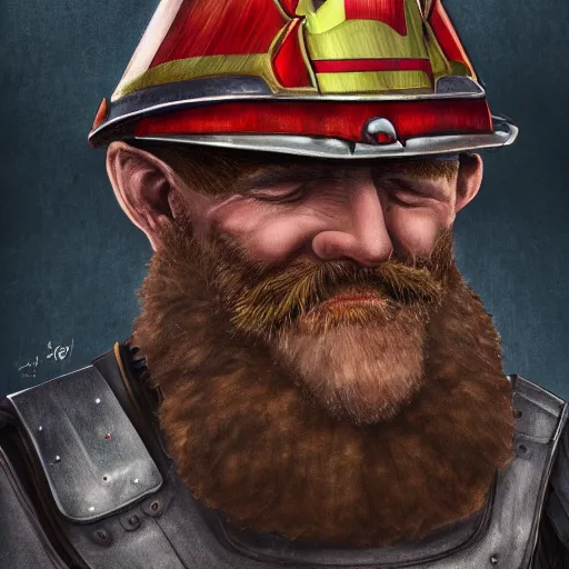 Image similar to An old man with a ginger beard, wearing knights armour and a fire fighters helmet, highly detailed, digital art, sharp focus, trending on art station, anime art style