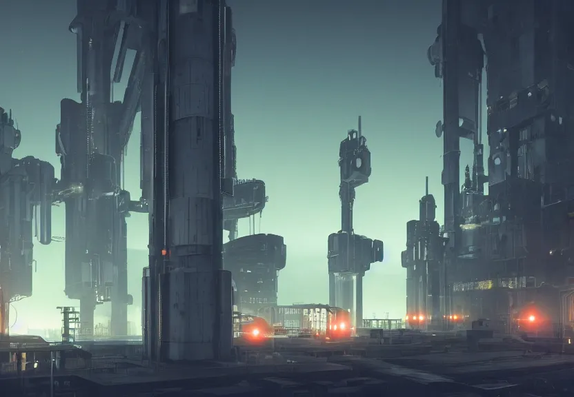 prompthunt: a minimalist scifi brutalist maschinen krieger robot factory at  the golden hour with columns of steam, ilm, beeple, star citizen halo, mass  effect, bladerunner, elysium