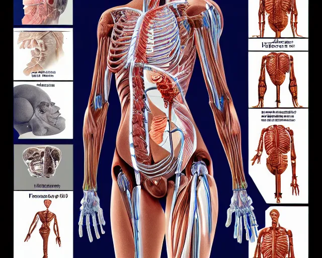 Image similar to female synthetic human, highly detailed labeled medical anatomy poster, photorealistic, hyperrealistic, high resolution