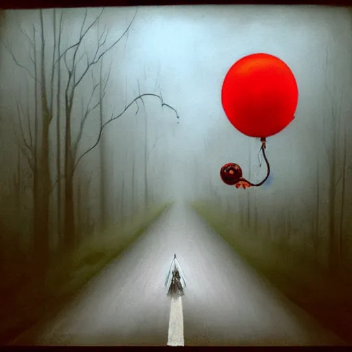 Prompt: grunge painting of an empty road with a wide smile and a red balloon by Zdzisław Beksiński, loony toons style, pennywise style, corpse bride style, creepy lighting, horror theme, detailed, elegant, intricate, conceptual, volumetric light