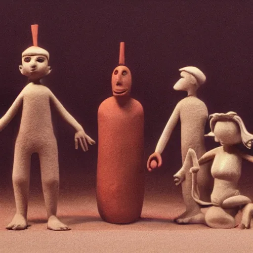 Prompt: a claymation film still of anthropomorphe statuette / bresil / collection / jeu et jouet / claymation by bruce bickford / 6 0 s