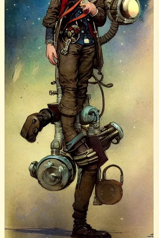 Image similar to ( ( ( ( ( 2 0 5 0 s retro future 1 0 year old boy super scientest in space pirate mechanics costume full portrait. muted colors. ) ) ) ) ) by jean baptiste monge, pulp cover!!!!!!!!!!!!!!!!!!!!!!!