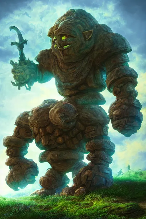 Image similar to zelda fantasy art giant golem troll wood rock greeble gemstone, global illumination ray tracing hdr fanart arstation by sung choi and eric pfeiffer and gabriel garza and casper konefal