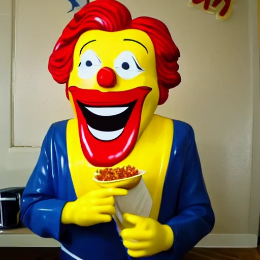 Prompt: ronald mcdonald eating a giant fry