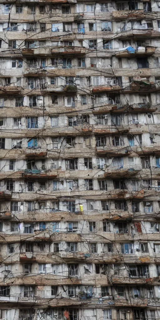 Image similar to Photo of Soviet apartment building, slums, tangled wires