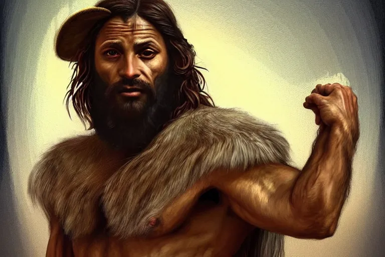 Prompt: painterly full body portrait of a gruff biblical ranger with a wolf, lean and toned, handsome face, hairy chest and hairy body, D&D, intricate, elegant, highly detailed, digital painting, artstation, concept art, matte, sharp focus, chiaroscuro, well lit, illustration, art by Leonardo da Vinci, Artgerm and Greg Rutkowski and Alphonse Mucha