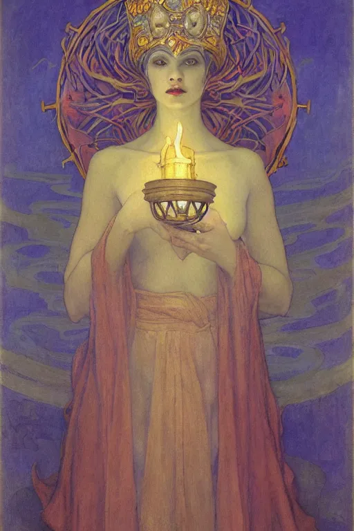 Image similar to queen of the fog with her lantern by Annie Swynnerton and Nicholas Roerich and jean delville, strong dramatic cinematic lighting , ornate headdress , flowing robes, lost civilizations, smooth, sharp focus, extremely detailed