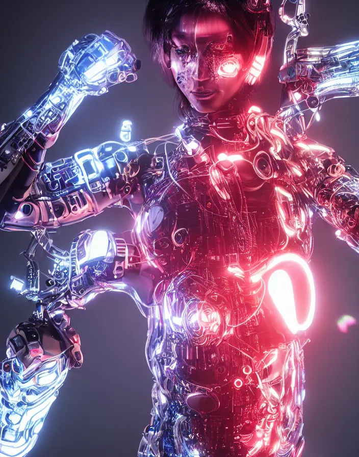 Prompt: full body portrait photo of japanese model cyborg with digital led skin, neon lighting, techno neon projector background, portrait photo, intricate details, ultra realistic, unreal engine 5, depth of field, bokeh, octane render, 8 k hd