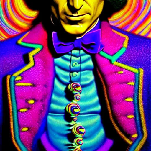 Prompt: an extremely psychedelic portrait of willy wonka, surreal, lsd, face, detailed, intricate, elegant, lithe, highly detailed, digital painting, artstation, concept art, smooth, sharp focus, illustration, art by jason edmiston