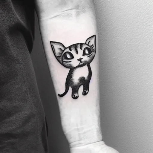 Image similar to stick and poke tattoo of a cat, black and white tattoo, linework