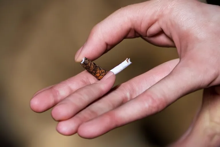 Image similar to Close-up of cigarette in five fingers, thin soft hand holding cigarette, hyper realistic, natural