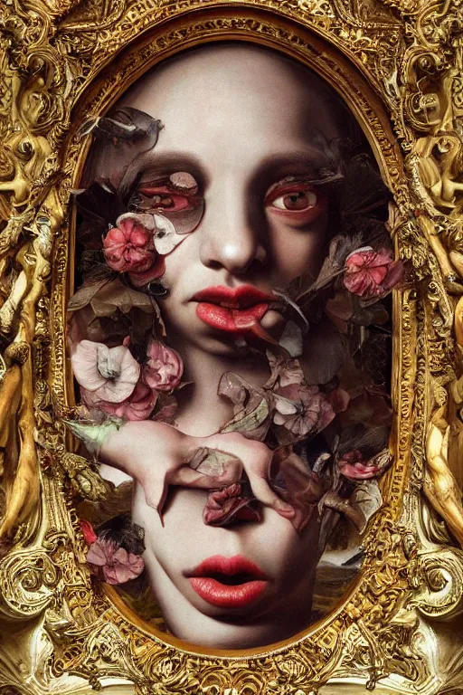 Image similar to Detailed maximalist portrait with large lips and with large, wide eyes, expressive, extra flesh, HD mixed media, 3D collage, highly detailed and intricate, surreal, illustration in the style of Caravaggio, dark art, baroque