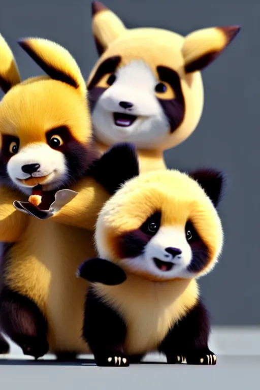 Image similar to high quality 3 d render hyperrealist very cute happy panda & fox hybrid eating ice cream, vray smooth, in the style of detective pikachu, very dramatic light, low angle, uhd 8 k, shallow depth or field