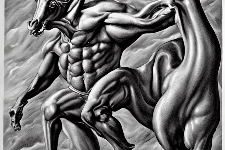 Image similar to beautiful lifelike painting of a centaur centaur centaur chimera tom cruise torso, majestic cinematic, hyperreal detailed facial features and uv lighting, art by ed roth and basil wolverton