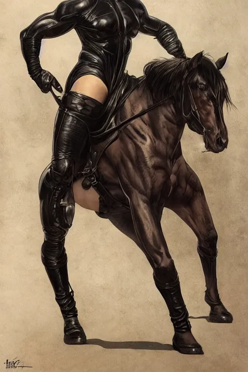 Image similar to portrait of hulking anthro horse whose physique is bursting with muscle, leather catsuit, test subject, monstrous, full body, sci - fi, highly detailed, digital painting, artstation, concept art, sharp focus, illustration, art by artgerm and greg rutkowski and alphonse mucha