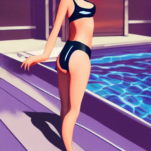 Prompt: a girl wearing a business swimsuit, she is near a swimming pool, anime art, digital painting, smooth, hd, elegant