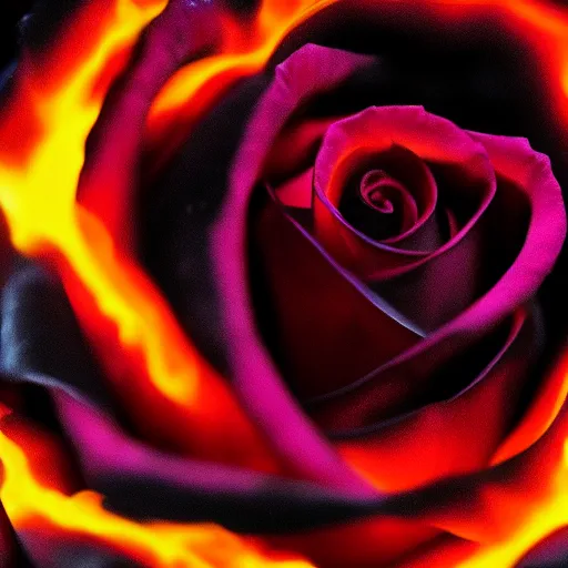 Image similar to award - winning macro of a beautiful black rose made of glowing molten magma