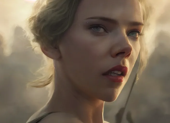 Prompt: close up cinematic artwork of Scarlett Johansen staring down the enemy on the battlefield by Greg Rutkowski, 4k, masterpiece