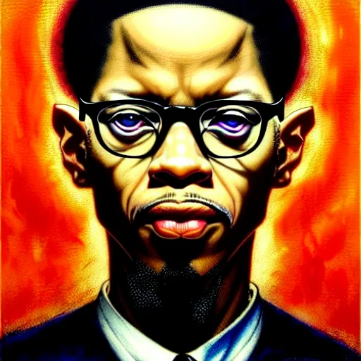 Image similar to uhd photorealistic portrait of albino malcom x, by amano, ayami kojima, greg rutkowski, lisa frank, mark brooks, and karol bak, masterpiece, cinematic composition, dramatic pose, studio lighting, correct face, hyperdetailed, intricate details