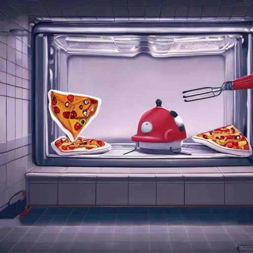 Image similar to a pizza in the dishwasher by simon stalenhag and robbert sammelin and eric persson, 4 k, hd wallpaper, hdr, tonemapping, detailed, atmospheric, majestical lighting, saturated, wet