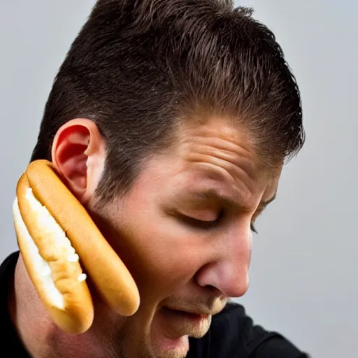 Image similar to man sticking a hot - dog into his ear