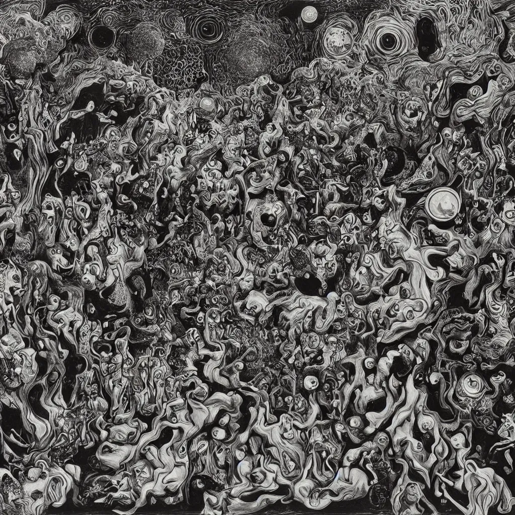 Prompt: intergalactic psychonaut unholy gathering, 4K, by collaboration of M. C. Escher and Salvador Dali and Van Gogh