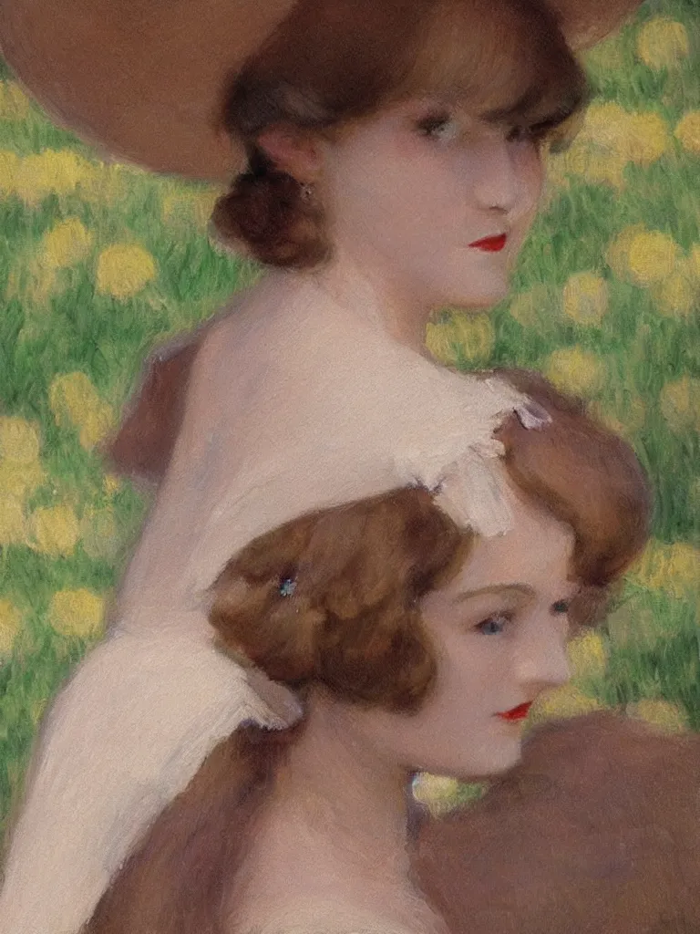 Image similar to portrait of < zelda fitzgerald > as a beautiful young lady wearing 1 9 2 0 s fashion, blurry face, brown hair, slim, fair, severe out of focus, depth of field, pleinairism, in the sun, backlit, closeup, oil on canvas, atr by monet, in the style of le promenade, smooth, impressionnisme, 8 k